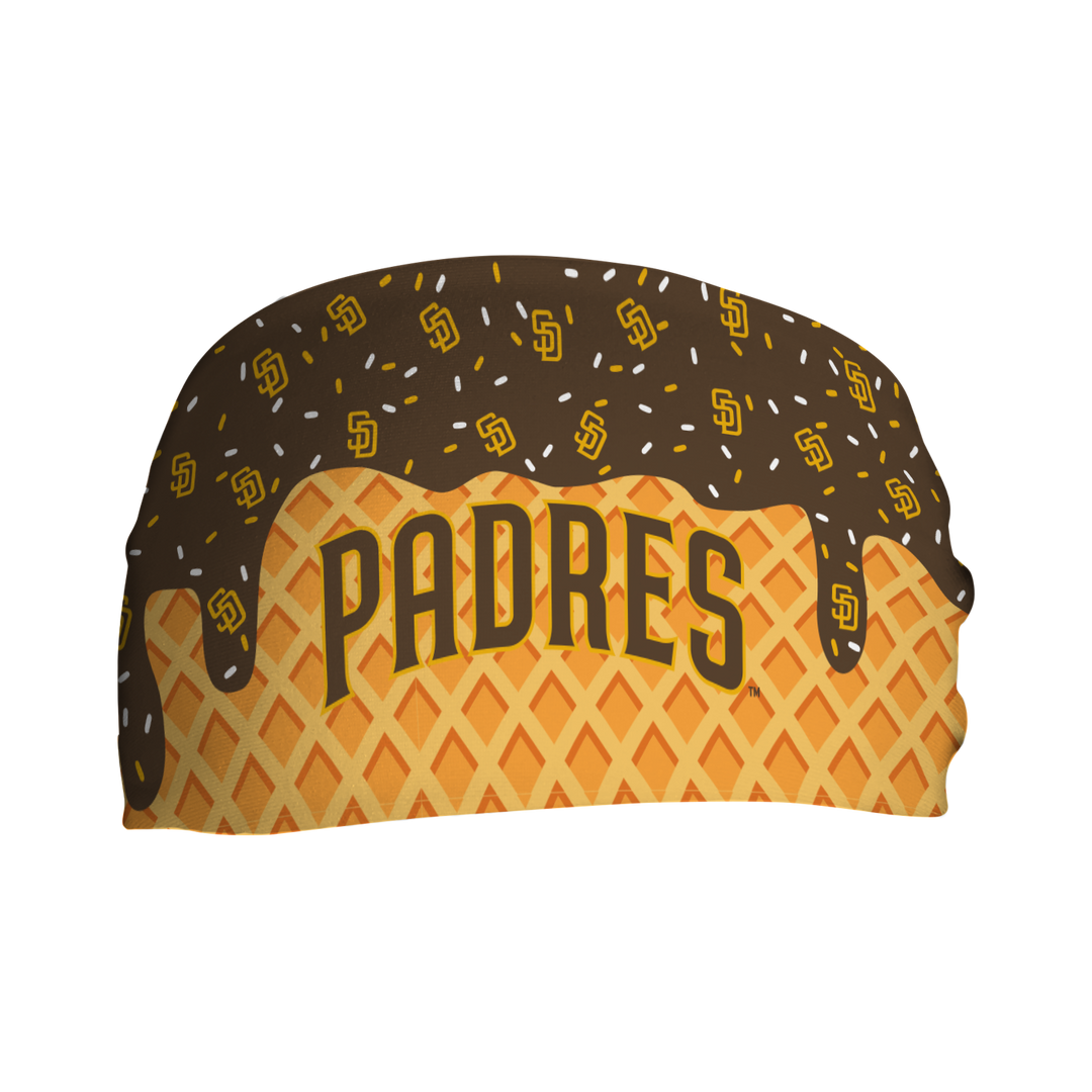 MLB licensed San Diego Padres cooling headband with Ice Cream Drip Wordmark. Made in the USA, Vertical Athletics brand.