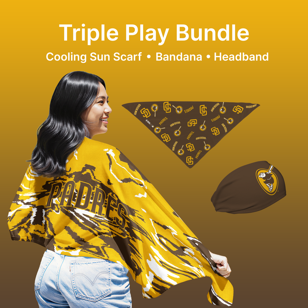 MLB licensed San Diego Padres Triple Play Cooling Bundle: Cooling Sun Scarf + Bandana + Headband. Made in USA. Vertical Athletics Brand. 
