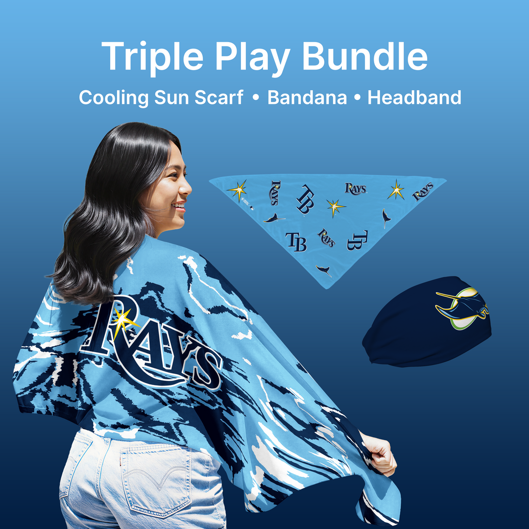 MLB licensed Tampa Bay Rays Triple Play Cooling Bundle: Cooling Sun Scarf + Bandana + Headband.Made in USA. Vertical Athletics Brand  