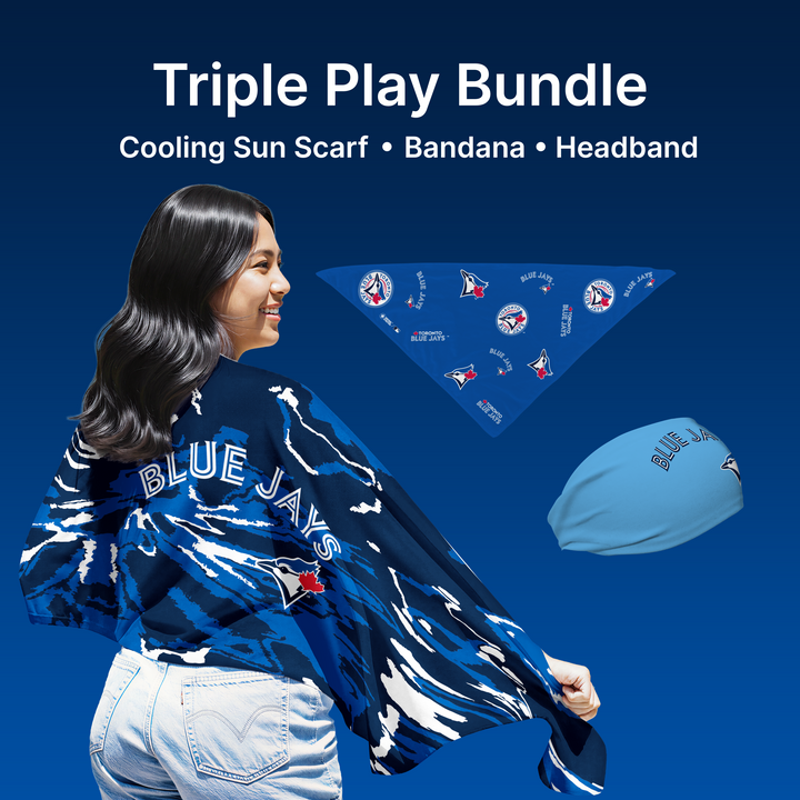 MLB licensed Blue Jays Triple Play Cooling Bundle: Cooling Sun Scarf + Bandana + Headband.Made in USA. Vertical Athletics Brand. 
