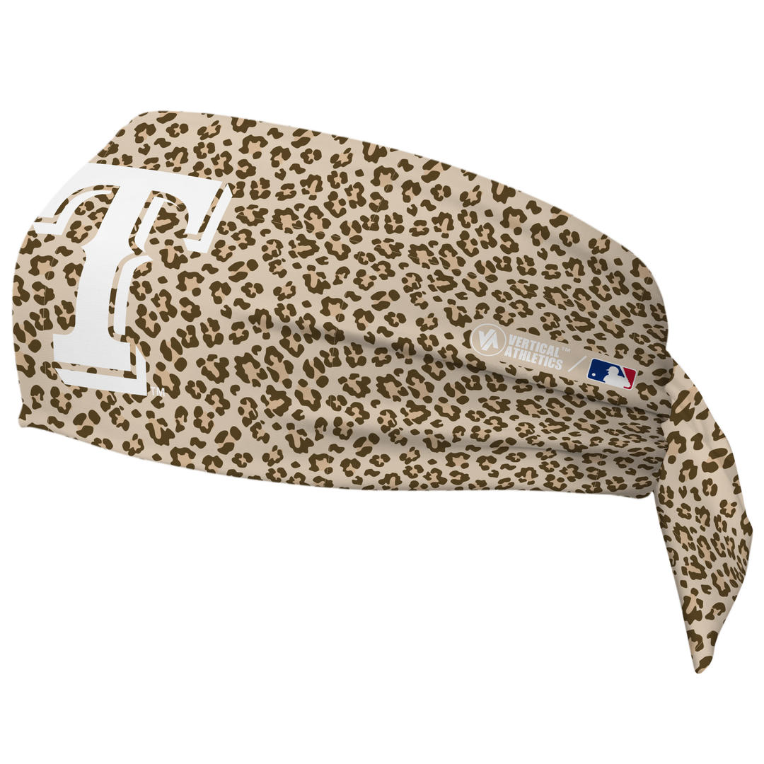MLB Texas Rangers wide tieback cooling headband with Cheetah Cap Logo. Vertical Athletics brand. Made in Mexico.