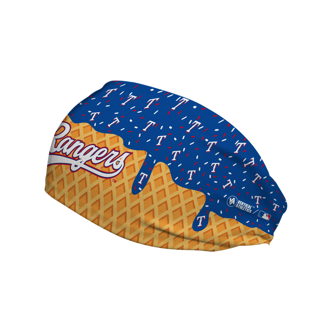 MLB licensed Texas Rangers cooling headband with Ice Cream Drip Wordmark. Made in the USA, Vertical Athletics brand.