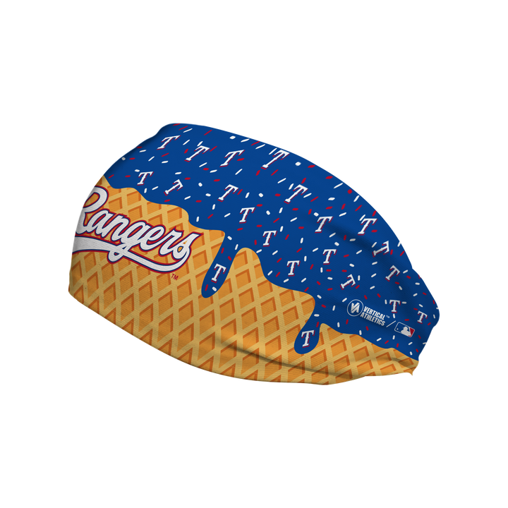 MLB licensed Texas Rangers cooling headband with Ice Cream Drip Wordmark. Made in the USA, Vertical Athletics brand.