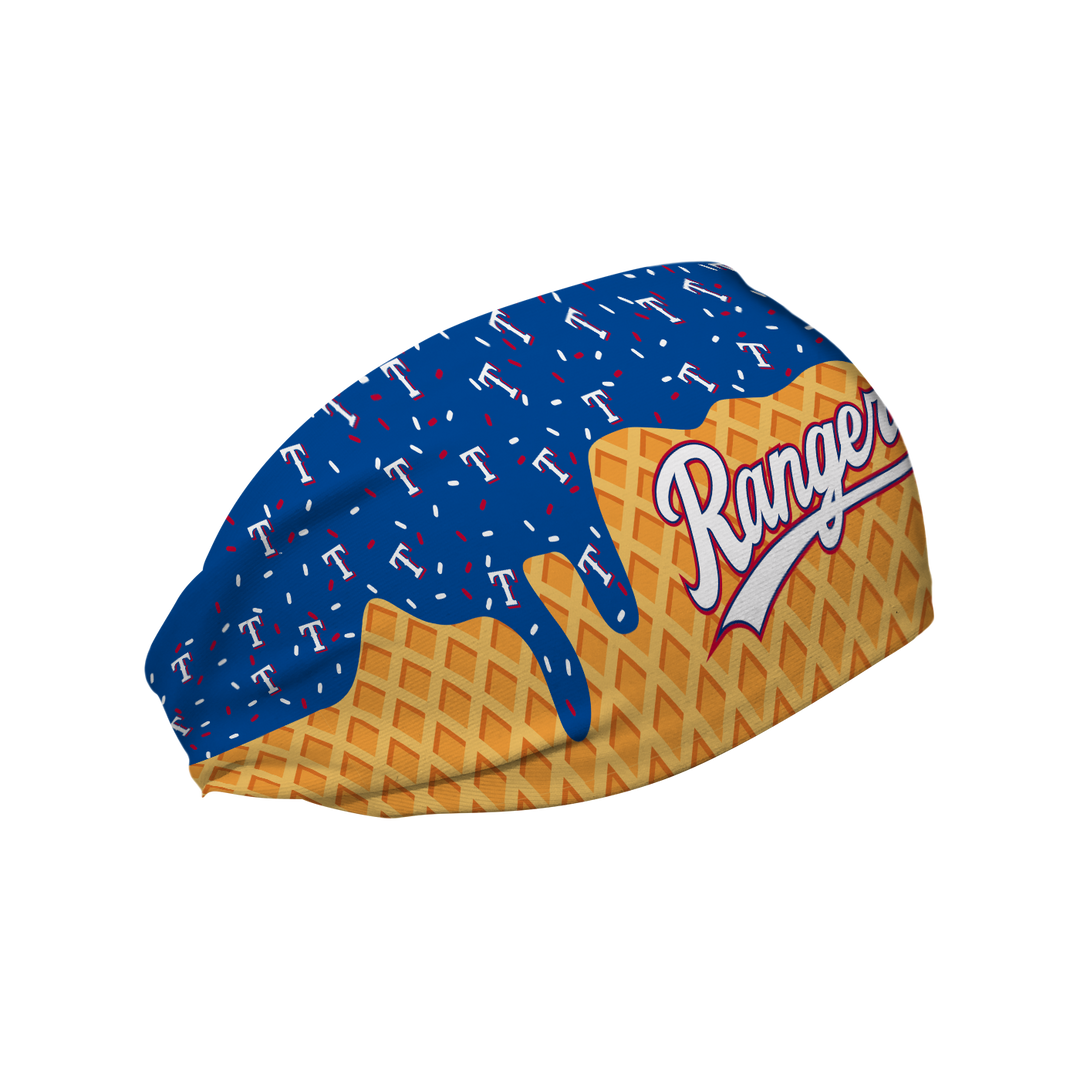 MLB licensed Texas Rangers cooling headband with Ice Cream Drip Wordmark. Made in the USA, Vertical Athletics brand.