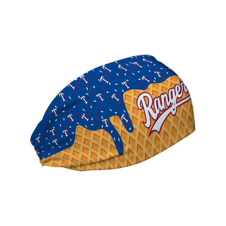 MLB licensed Texas Rangers cooling headband with Ice Cream Drip Wordmark. Made in the USA, Vertical Athletics brand.