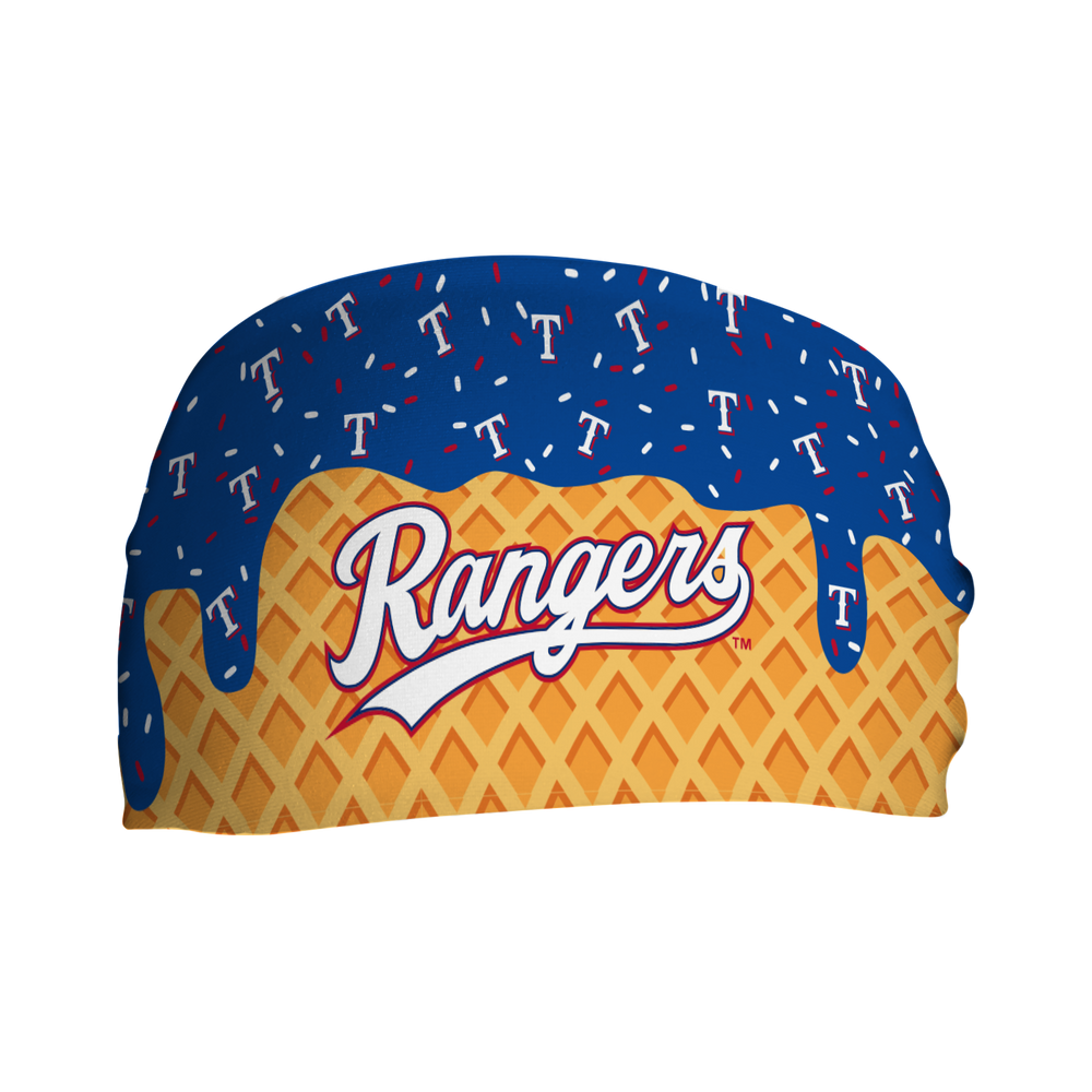 MLB licensed Texas Rangers cooling headband with Ice Cream Drip Wordmark. Made in the USA, Vertical Athletics brand.