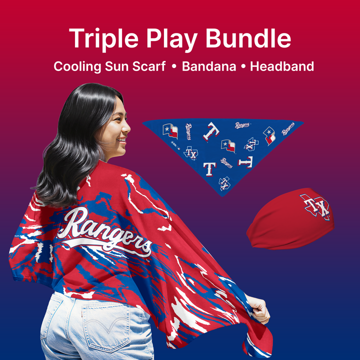 MLB licensed Texas Rangers Triple Play Cooling Bundle: Cooling Sun Scarf + Bandana + Headband.Made in USA. Vertical Athletics Brand. 