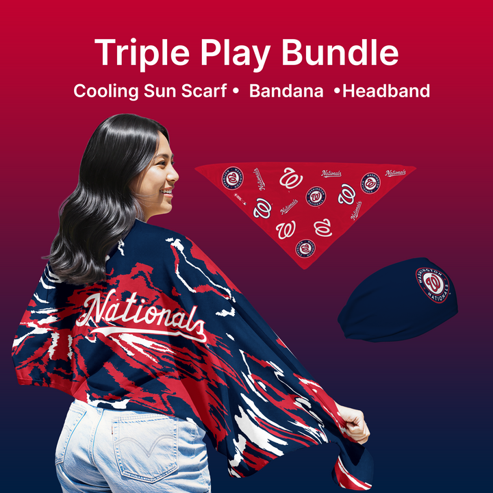 MLB licensed Washington Nationals Triple Play Cooling Bundle: Cooling Sun Scarf + Bandana + Headband.Made in USA. Vertical Athletics Brand. 