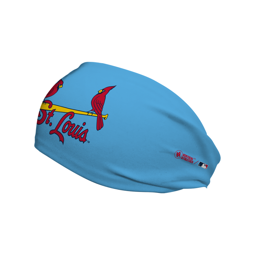 Side view of MLB St. Louis Cardinals light blue cooling headband with alt cap logo. Made in USA, Vertical  Athletics brand. 