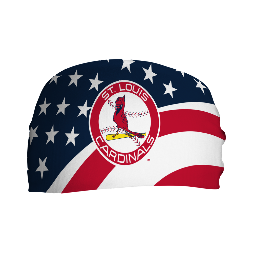 MLB St. Louis Cardinals Stars and Stripes cooling headband with Coop Logo. Made in USA, Vertical Athletics brand. 