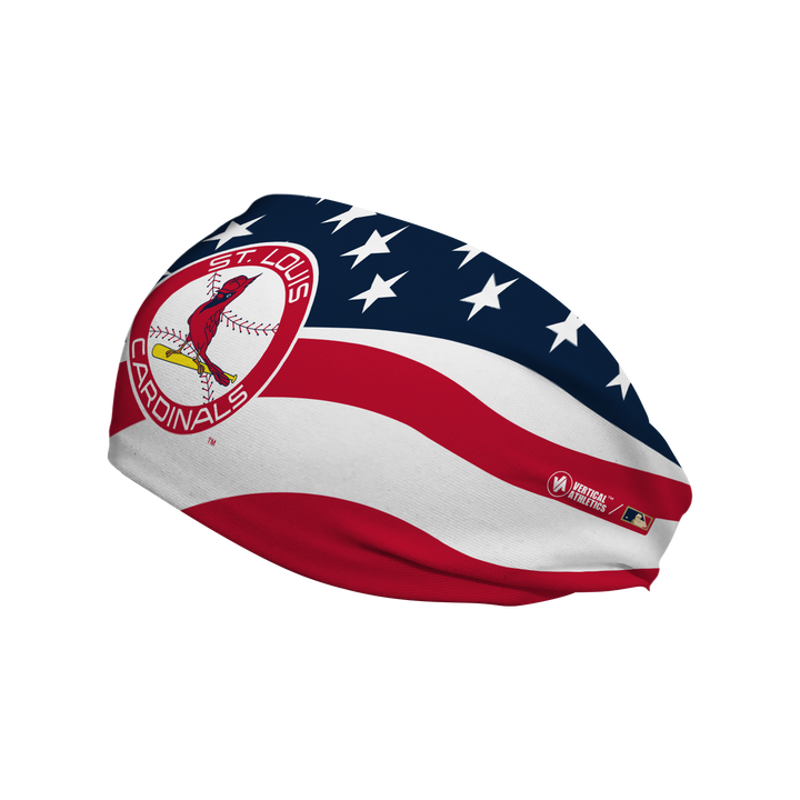 MLB St. Louis Cardinals Stars and Stripes cooling headband with Coop Logo. Made in USA, Vertical Athletics brand. 
