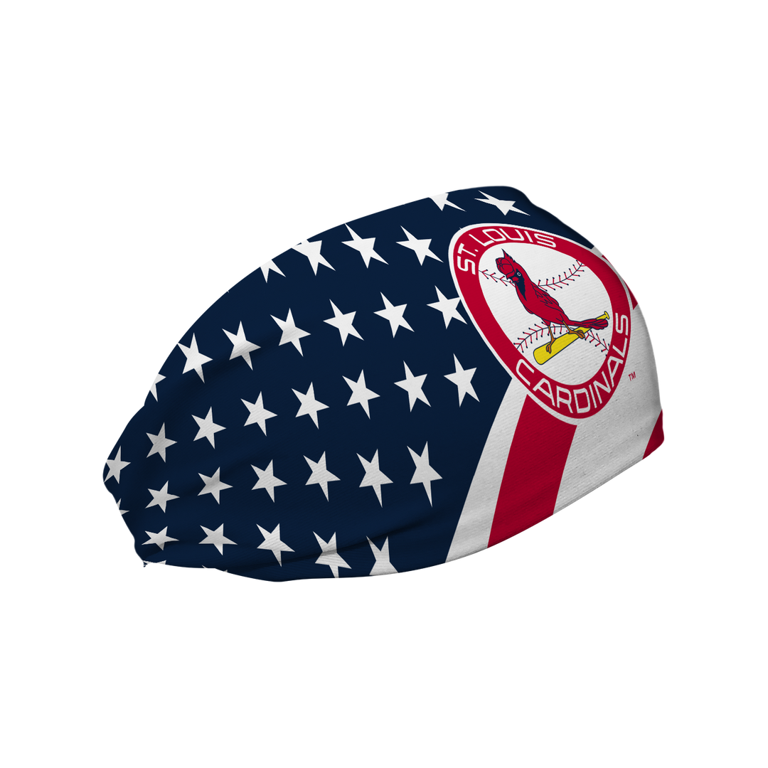 MLB St. Louis Cardinals Stars and Stripes cooling headband with Coop Logo. Made in USA, Vertical Athletics brand. 