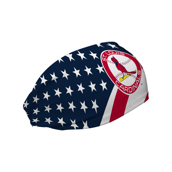 MLB St. Louis Cardinals Stars and Stripes cooling headband with Coop Logo. Made in USA, Vertical Athletics brand. 