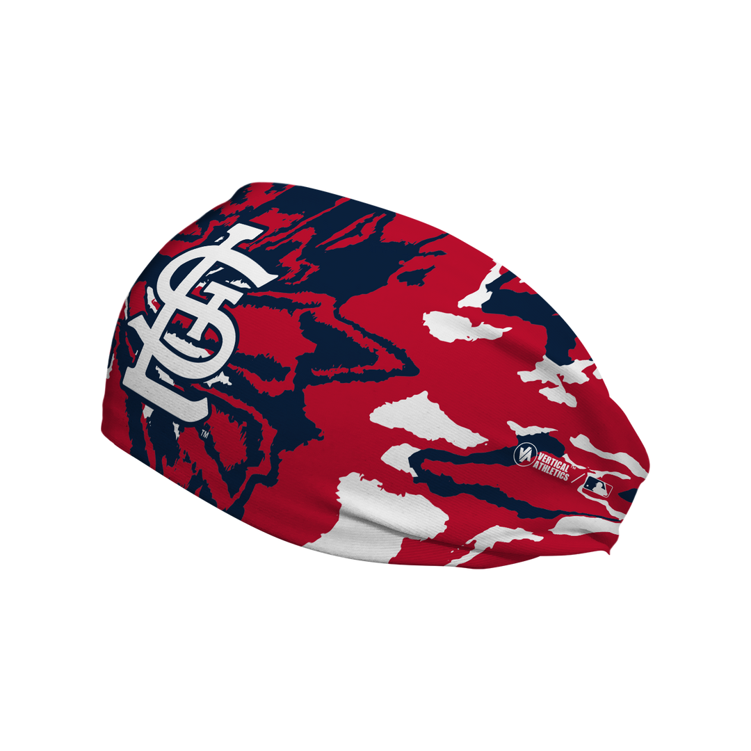 Side view of MLB St. Louis Cardinals tie-dye headband with cap logo. Made in USA, Vertical Athletics brand.  