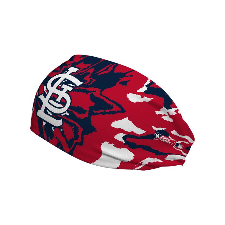 Side view of MLB St. Louis Cardinals tie-dye headband with cap logo. Made in USA, Vertical Athletics brand.  
