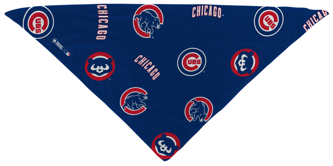 MLB Chicago Cubs cooling triangle bandana with team logo all over. Made in USA, Vertical Athletics brand.