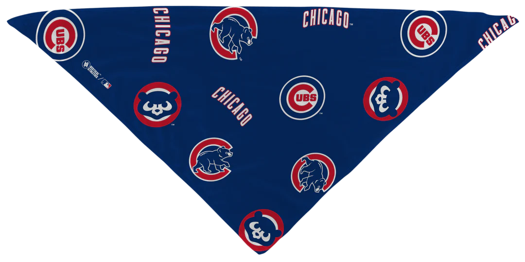 MLB licensed Chicago Cubs Triple Play Cooling Bundle: Cooling Triangle Bandana with All Over logo. Made in USA. Vertical Athletics Brand. 