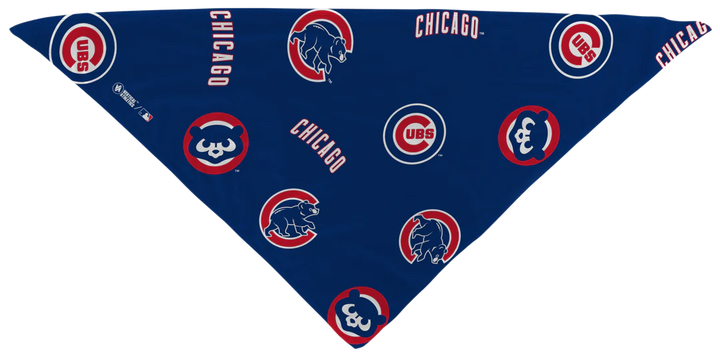 MLB licensed Chicago Cubs Triple Play Cooling Bundle: Cooling Triangle Bandana with All Over logo. Made in USA. Vertical Athletics Brand. 