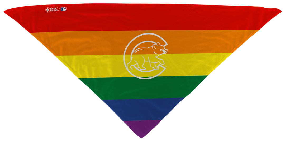 MLB Chicago Cubs cooling triangle bandana with rainbow pride cap logo. Made in USA, Vertical Athletics brand.