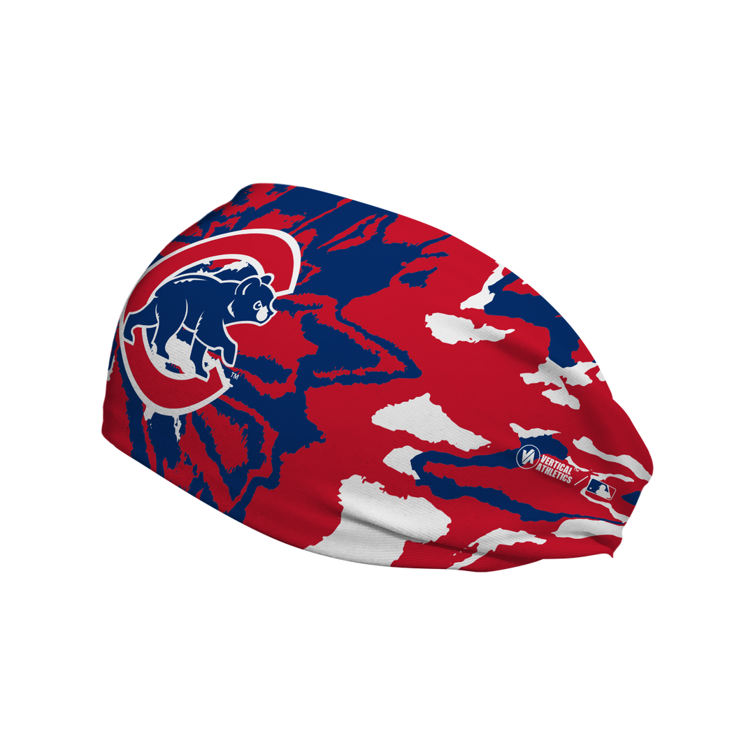 Side view of MLB Chicago Cubs Tie Dye headband with cap logo. Made in USA, Vertical Athletics brand. 