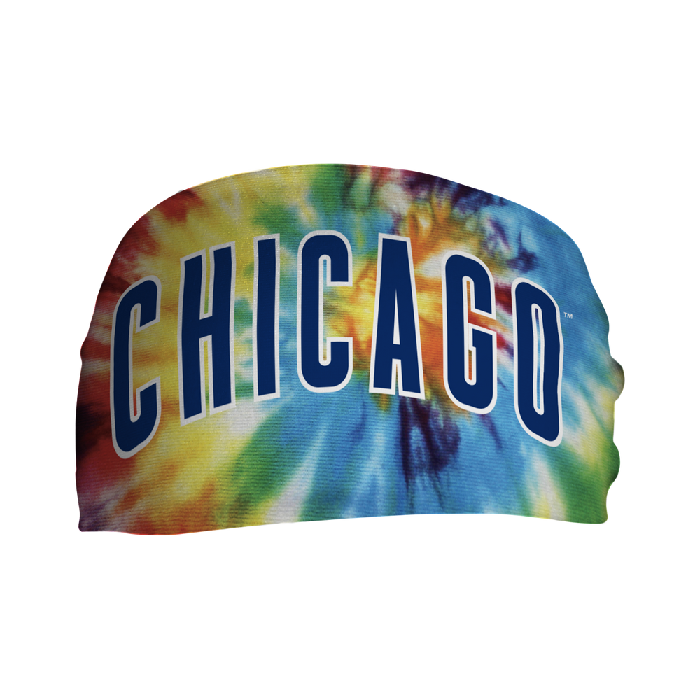 Front view of MLB Chicago Cubs Rainbow Tie Dye  headband with Wordmark. Made in USA, Vertical Athletics brand. 
