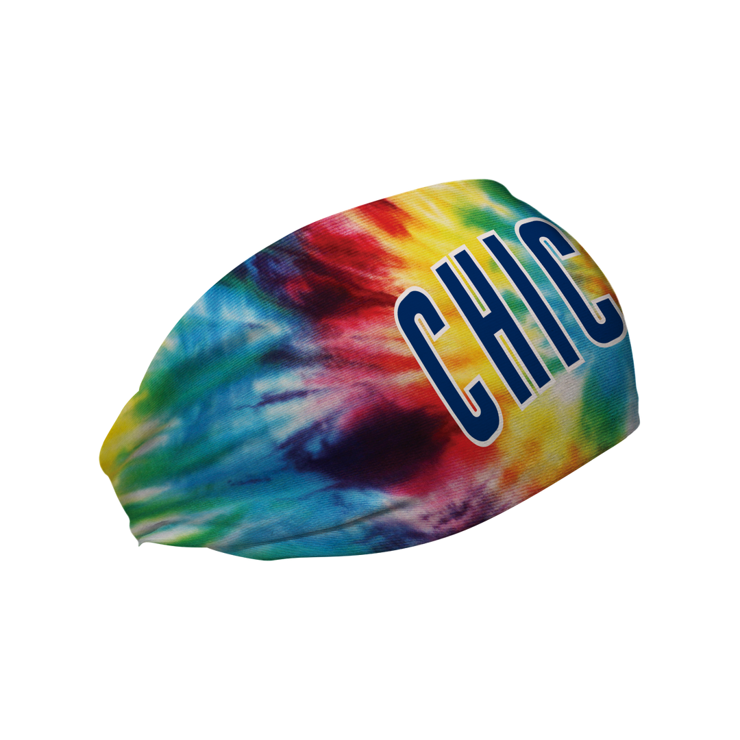 Side view of MLB Chicago Cubs Rainbow Tie Dye  headband with Wordmark. Made in USA, Vertical Athletics brand. 