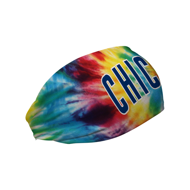 Side view of MLB Chicago Cubs Rainbow Tie Dye  headband with Wordmark. Made in USA, Vertical Athletics brand. 