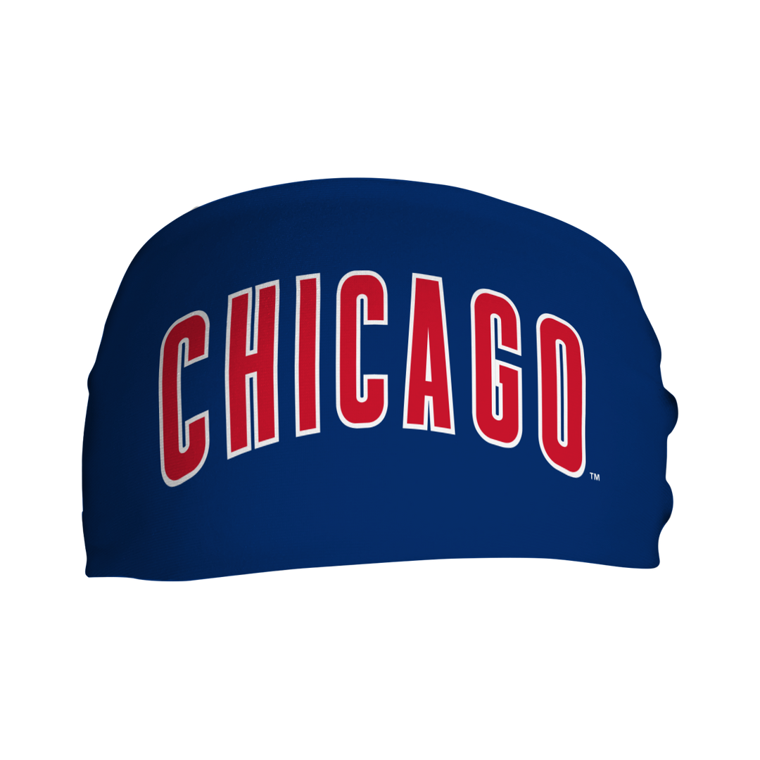 MLB Chicago Cubs cooling headband with Wordmark. Made in the USA, Vertical Athletics brand. 