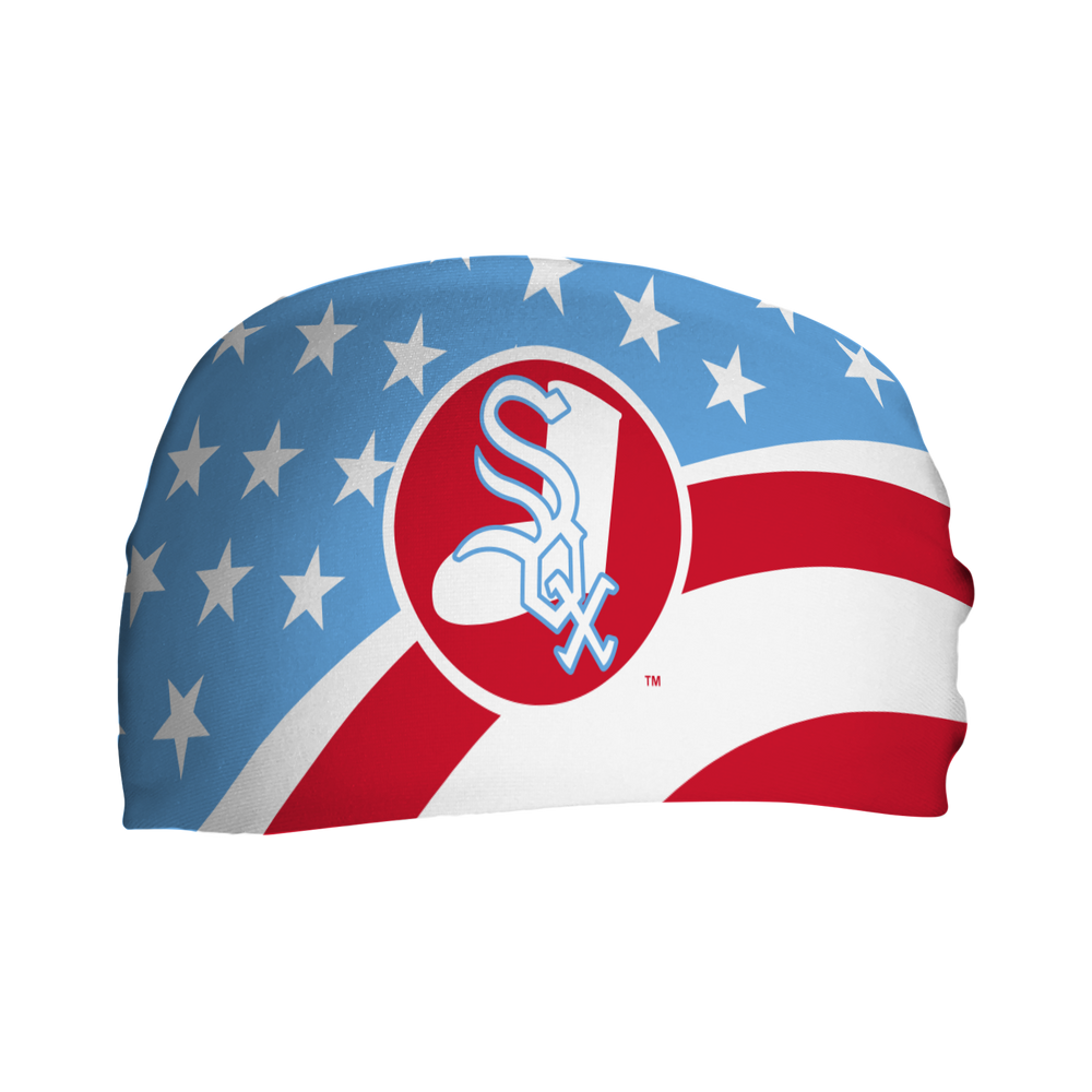 MLB Chicago White Sox Stars and Stripes cooling headband with Coop Logo. Made in USA, Vertical Athletics brand.  