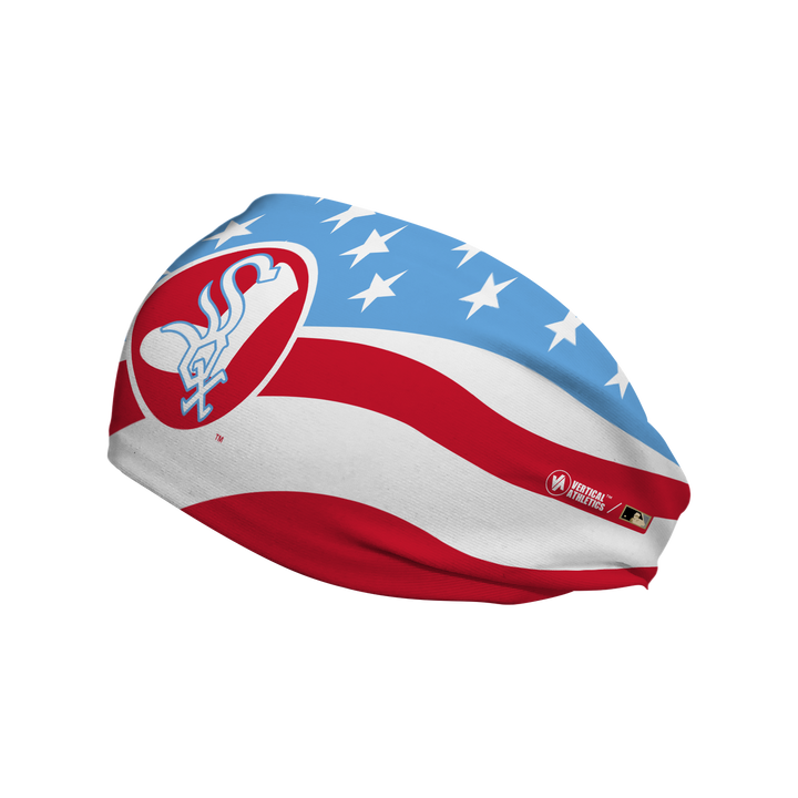 MLB Chicago White Sox Stars and Stripes cooling headband with Coop Logo. Made in USA, Vertical Athletics brand.  