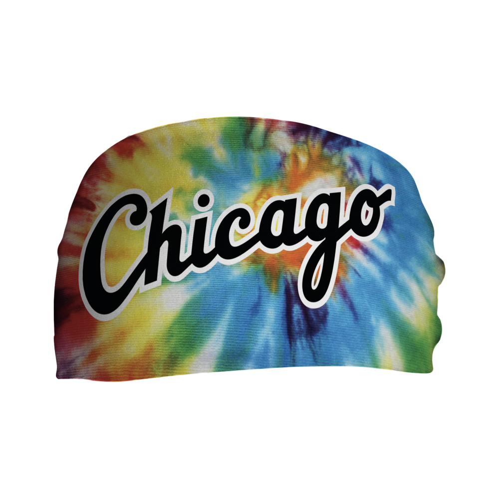 Front view of MLB Chicago White Sox Tie-Dye Rainbow headband with wordmark logo. Made in USA, Vertical Athletics brand. 