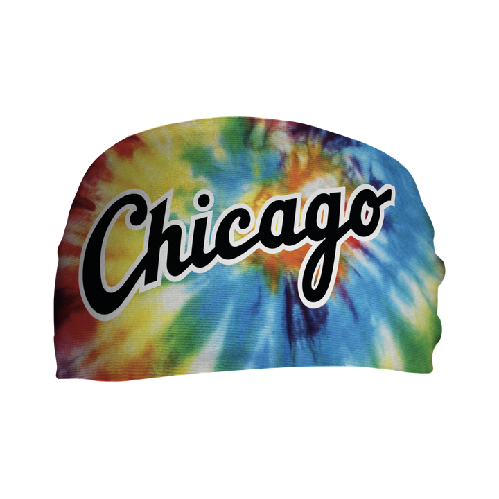 Front view of MLB Chicago White Sox Tie-Dye Rainbow headband with wordmark logo. Made in USA, Vertical Athletics brand. 