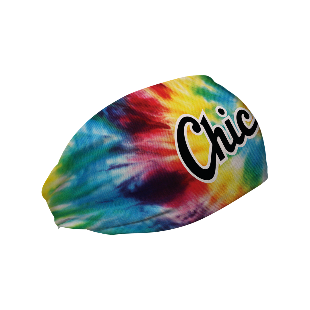 Side view of MLB Chicago White Sox Tie-Dye Rainbow headband with wordmark logo. Made in USA, Vertical Athletics brand. 