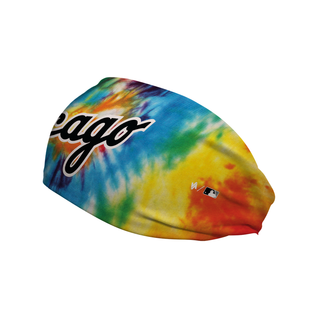 Side view of MLB Chicago White Sox Tie-Dye Rainbow headband with wordmark logo. Made in USA, Vertical Athletics brand. 