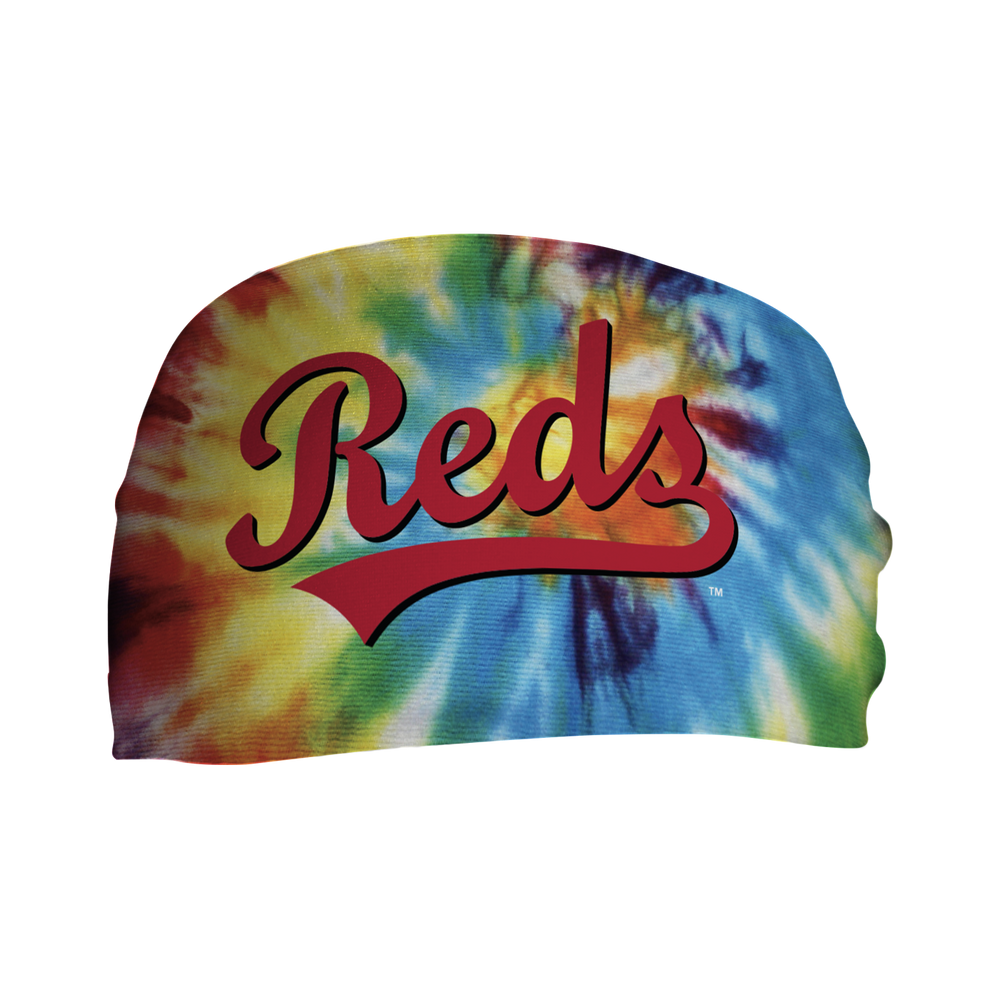 Side view of MLB Cincinnati Reds Rainbow Tie-Dye headband with wordmark logo. Made in USA, Vertical Athletics brand.