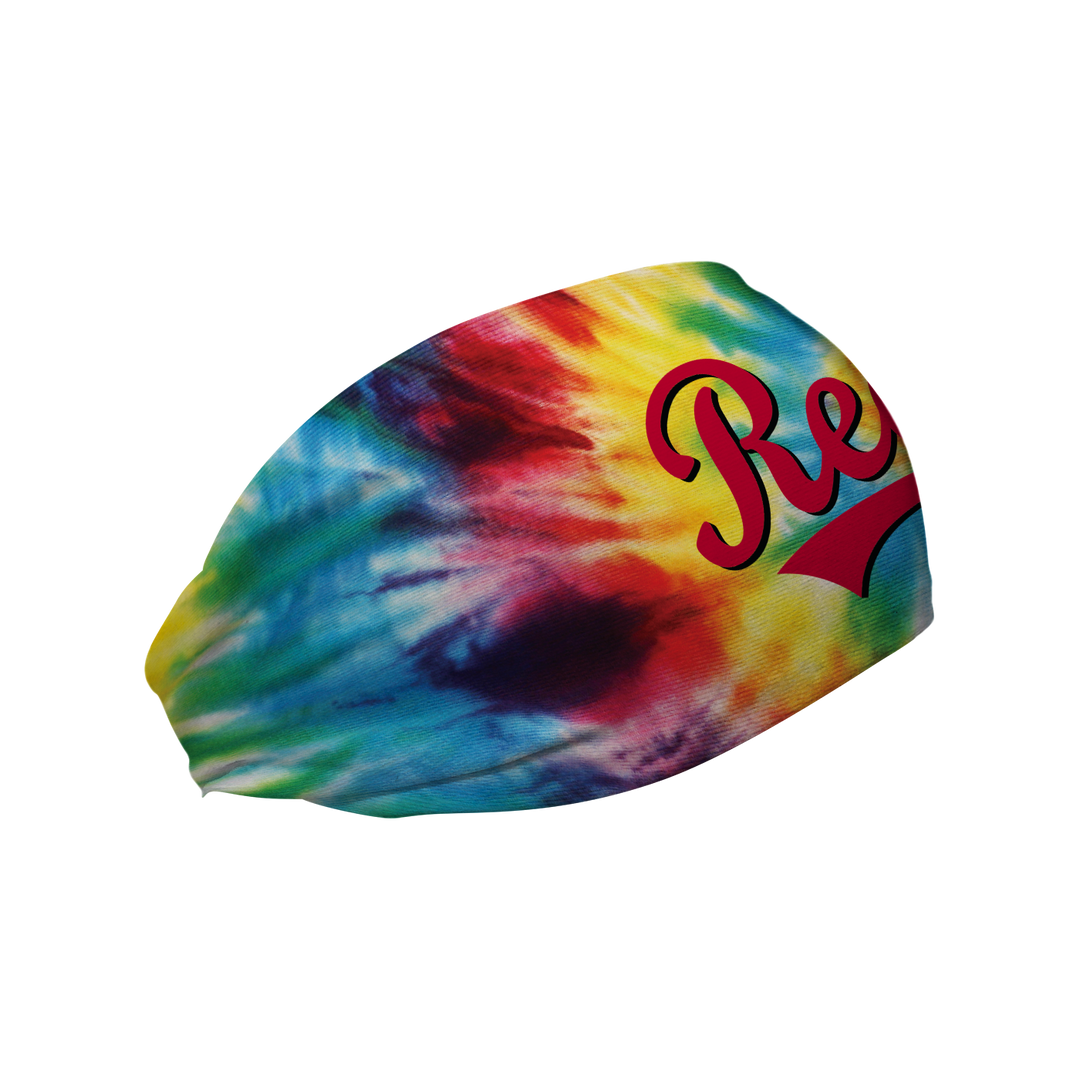 Side view of MLB Cincinnati Reds Rainbow Tie-Dye headband with wordmark logo. Made in USA, Vertical Athletics brand.