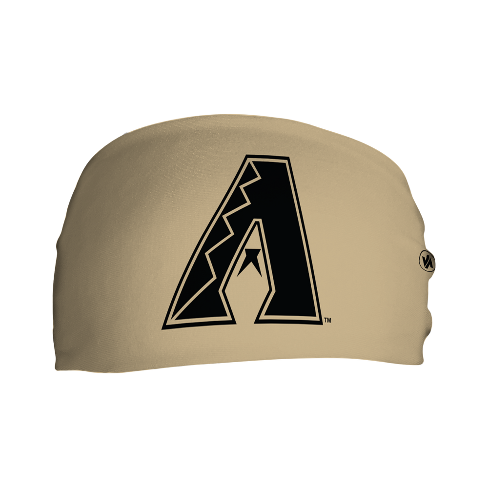 Front view of MLB Arizona Diamondbacks City Connect tan headband with cap logo. Made in USA, Vertical Athletics brand. 