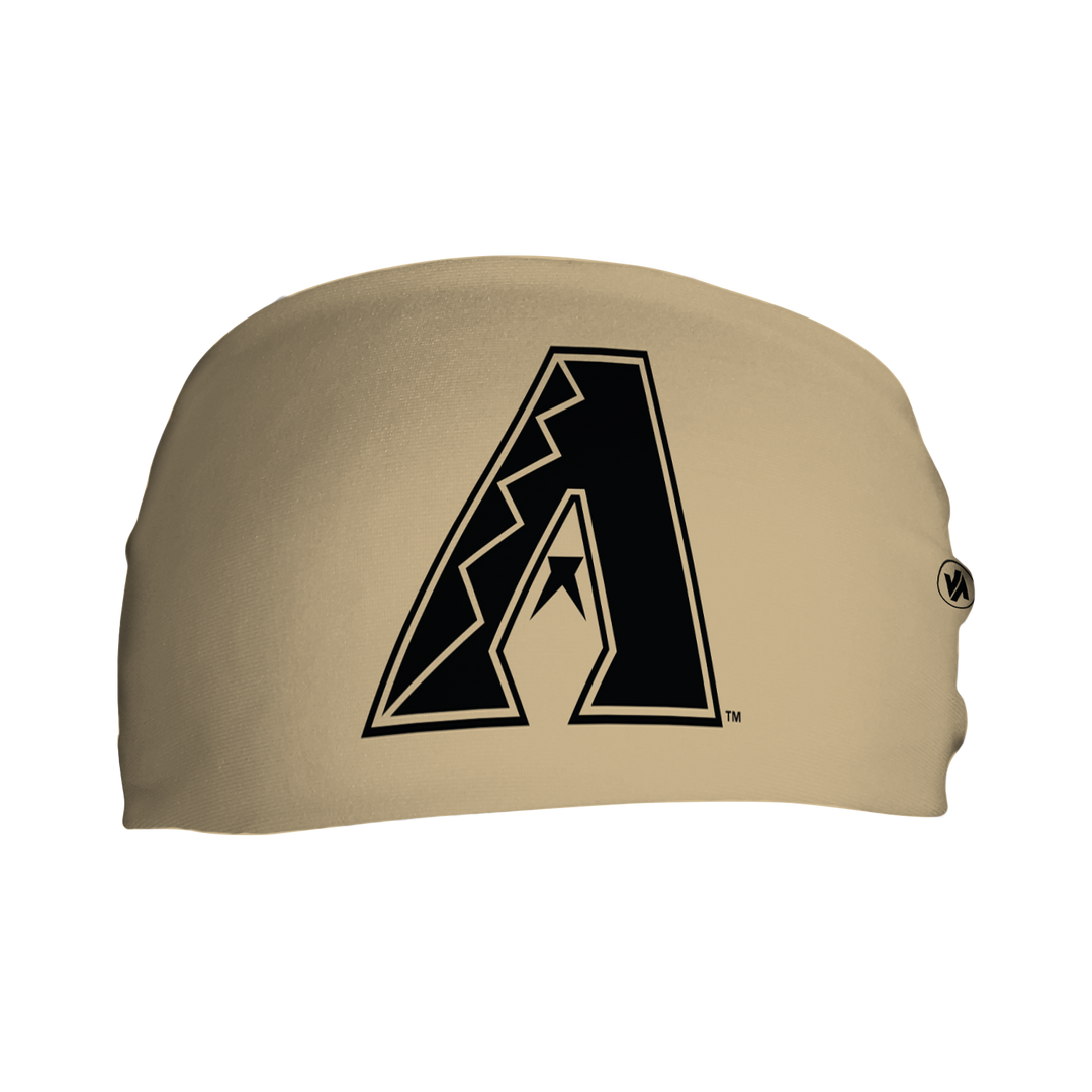 Front view of MLB Arizona Diamondbacks City Connect tan headband with cap logo. Made in USA, Vertical Athletics brand. 