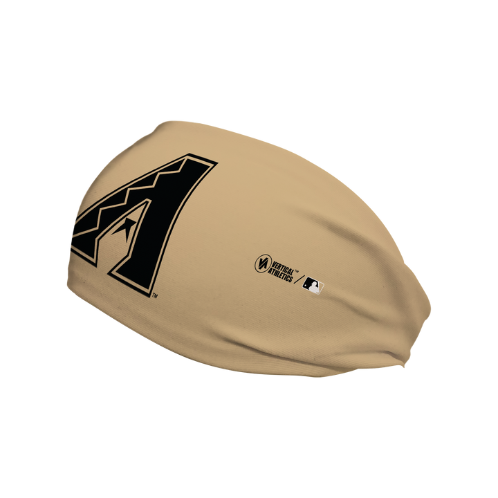 Side view of MLB Arizona Diamondbacks City Connect tan headband with cap logo. Made in USA, Vertical Athletics brand. 