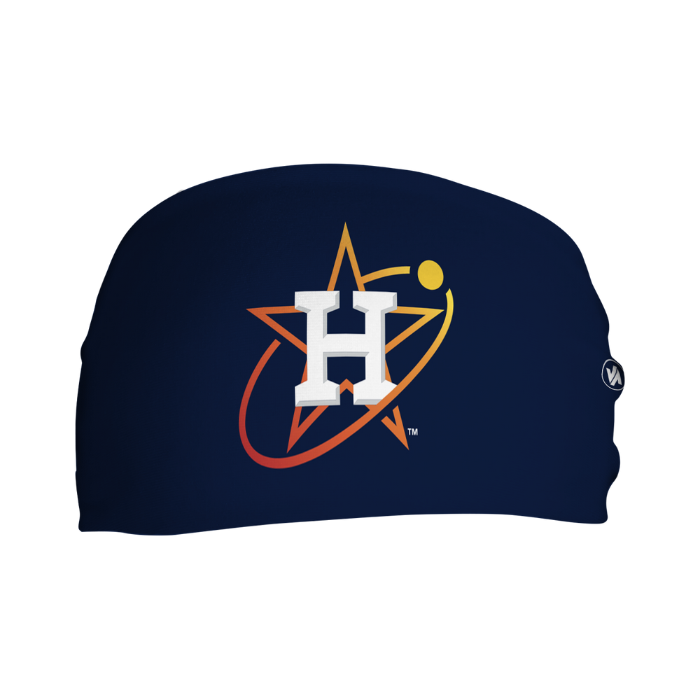 Front view of MLB Houston Astros City Connect navy headband with cap logo. Made in USA, Vertical Athletics brand.  