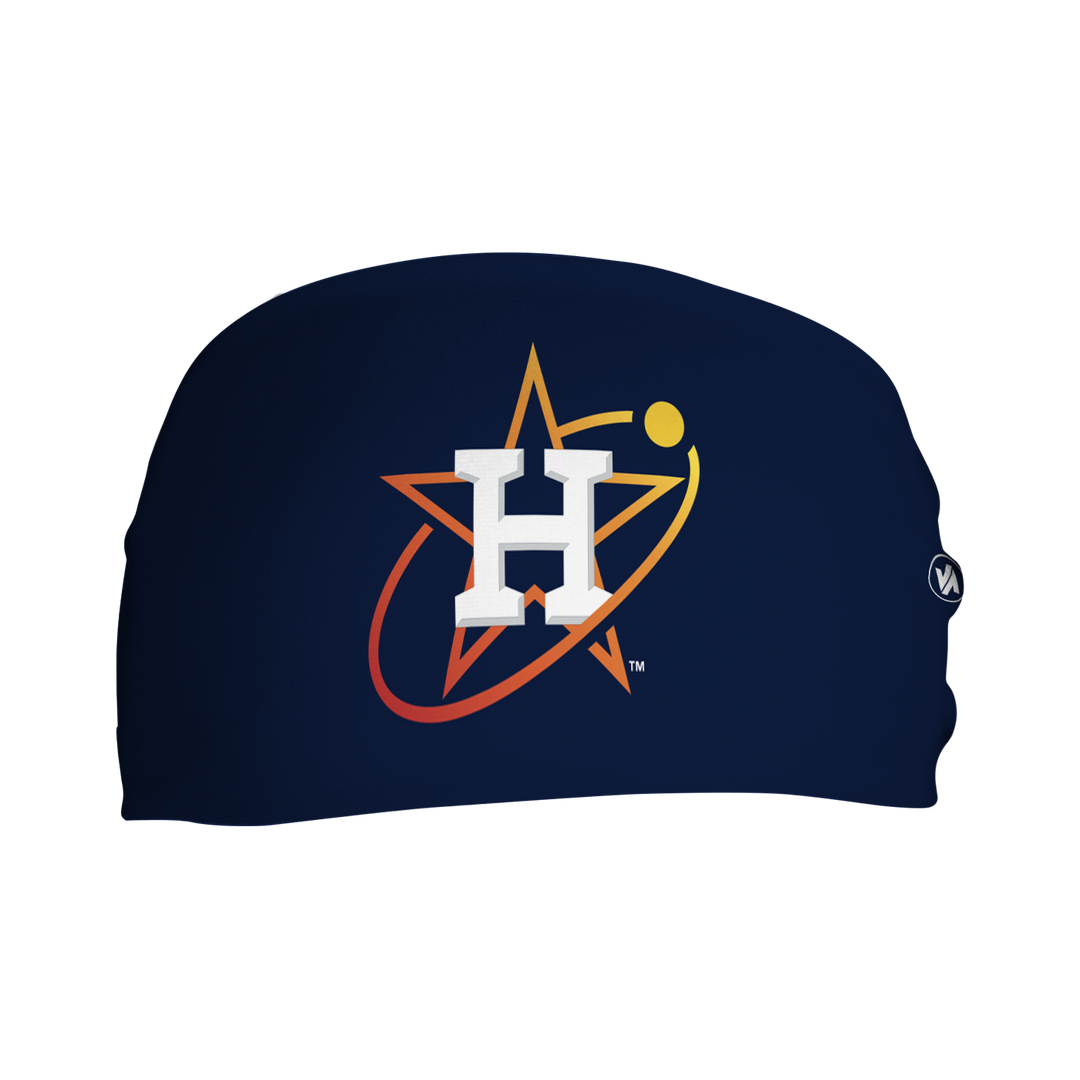 Front view of MLB Houston Astros City Connect navy headband with cap logo. Made in USA, Vertical Athletics brand.  
