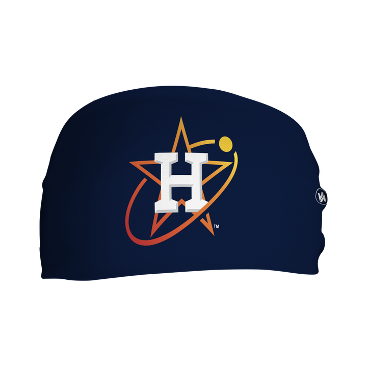 Front view of MLB Houston Astros City Connect navy headband with cap logo. Made in USA, Vertical Athletics brand.  