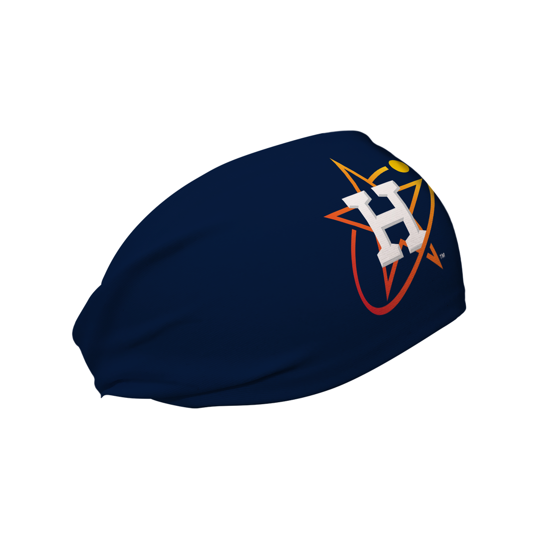 Side view of MLB Houston Astros City Connect navy headband with cap logo. Made in USA, Vertical Athletics brand.  
