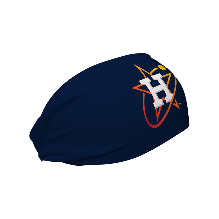 Side view of MLB Houston Astros City Connect navy headband with cap logo. Made in USA, Vertical Athletics brand.  