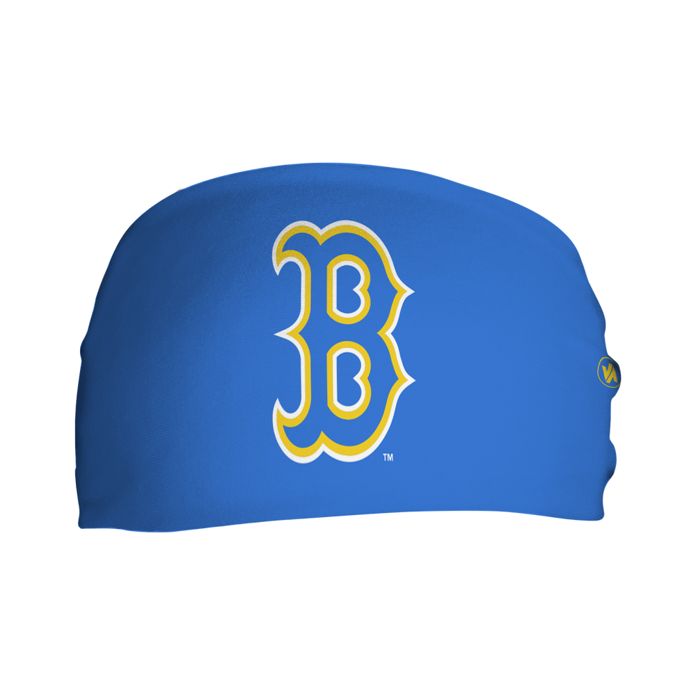Front view of MLB Boston Red Sox City Connect blue headband with cap logo. Made in USA, Vertical Athletics brand. 
