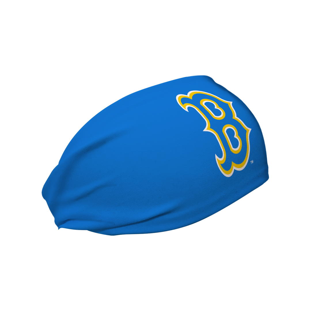 Side view of MLB Boston Red Sox City Connect blue headband with cap logo. Made in USA, Vertical Athletics brand. 