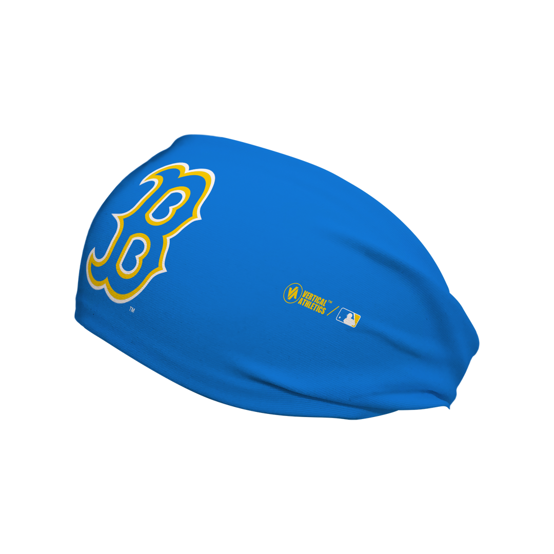 Side view of MLB Boston Red Sox City Connect blue headband with cap logo. Made in USA, Vertical Athletics brand. 