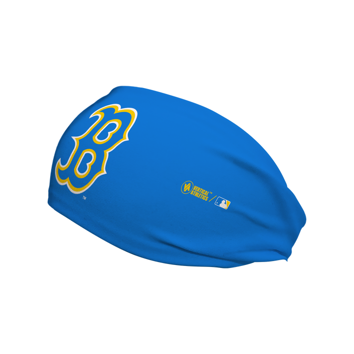 Side view of MLB Boston Red Sox City Connect blue headband with cap logo. Made in USA, Vertical Athletics brand. 