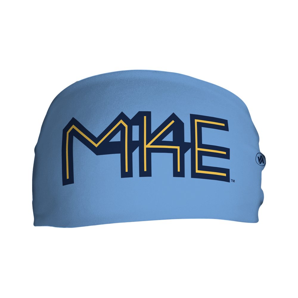 Front view of MLB Milwaukee Brewers city connect light blue headband with cap logo. Made in USA, Vertical Athletics brand. 