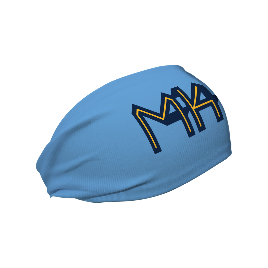 Side  view of MLB Milwaukee Brewers city connect light blue headband with cap logo. Made in USA, Vertical Athletics brand.